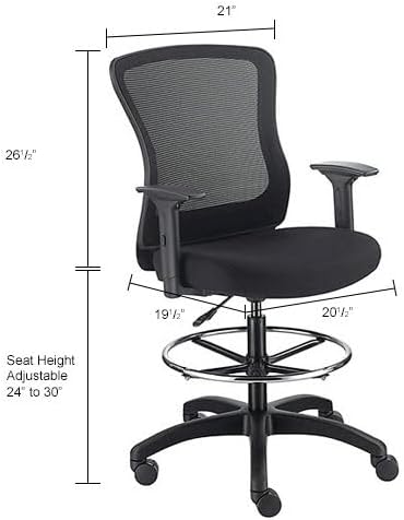 Global Industrial Interion Mesh Back Task Stool with Adjustable Arms, High Back, 3" Thick Fabric Seat, 5-Star Base with Swivel Casters, 350 Lbs Capacity, Black