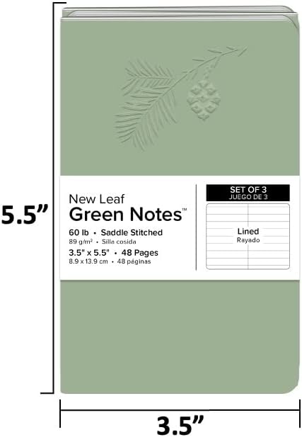 New Leaf Green Notes™ Memo Books, Sustainably Designed, 100% Recycled Paper, Redwood Embossed Cover, Lined Pages, 3.5" x 5.5", 3 Books Per Pack