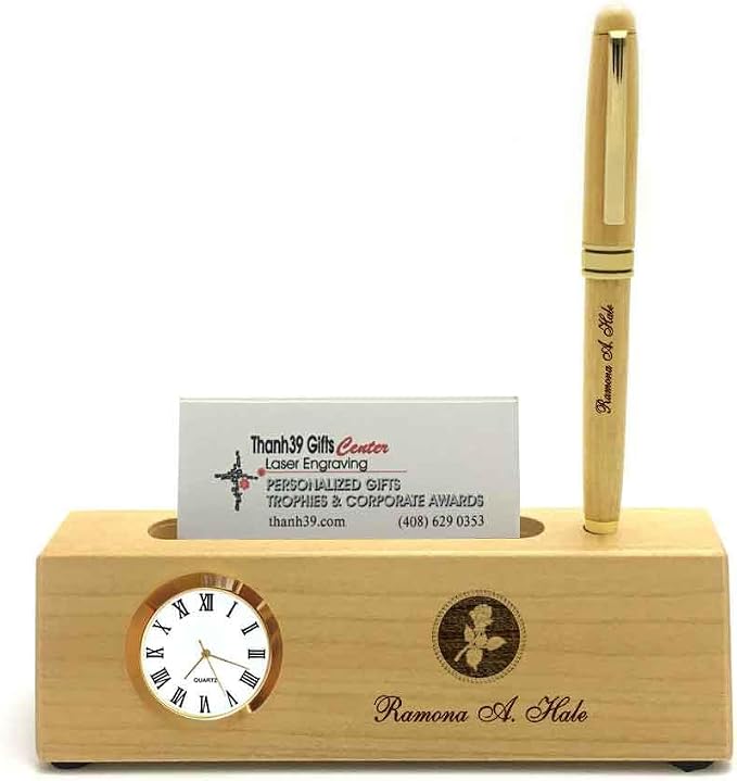 Personalized solid maple wood business card holder with clock and pen for Her