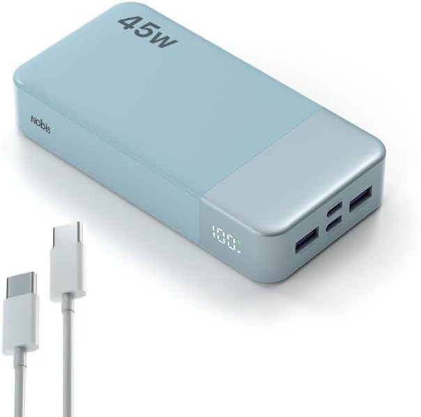 NOBIS Portable Charger, 20000mAh Power Bank, 45W Power Bank Fast Charging, Battery Pack with C to C Cable, Battery Bank with Digital Display for iPhone Android Laptop et(Light Blue)