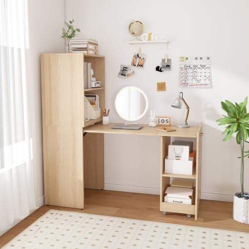 Foldable Desks for Small Spaces, Wood Murphy Desk with Storage Shelves, Folding Out Desk with Wheels, Space Saving Compact Computer Table, Hidden Desk for Apartment Bedroom Dorm Room (Natural Wood)