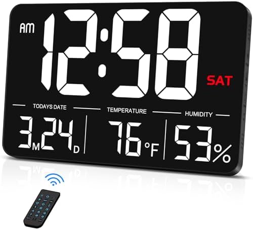 MASHI 13" Large Display Digital Clock, Alarm, Date, Temperature, DST | Remote control & 6-level dimmer. Shows day, humidity. Plug-in; memory backup. For desk, wall, gift for elderly