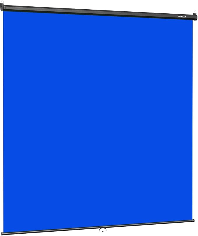 RAUBAY Retractable Pull Down Blue Screen - 78.7" x 86.6" Collapsible Wall-Mount Background for Professional Video Production, Chroma Key Backdrop for YouTube, TikTok, Streaming, Video Conferencing