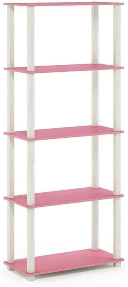 Furinno Turn-N-Tube 5-Tier Multipurpose Shelf / Display Rack / Storage Shelf / Bookshelf, Square Tubes, Pink/White