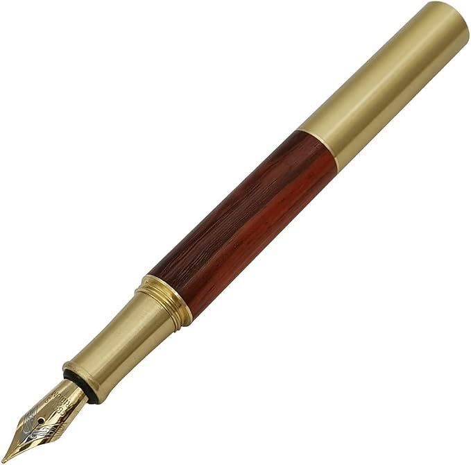 Handcrafted Brass Wooden Fountain Pen Short Paragraph (85mm) Pocket Mini Travel Pen with 20 Pcs Black Ink Cartridges, Brown-red Texture