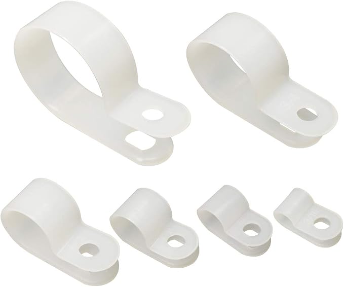Cable Clamp 200 Pcs Black Nylon Screws Plastic R-Type Cable Clamp Clips Fasteners Assortment for Cable Conduit 6 Sizes 3/16" to 1" - White