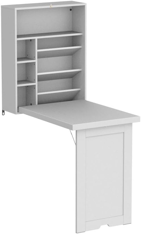 GOFLAME Wall Mounted Folding Desk, 3-Tier Tilt Storage Partition With Adjustable Shelves, Space-Saving Floating Laptop Desk, Convertible Writing Table for Home Office, White
