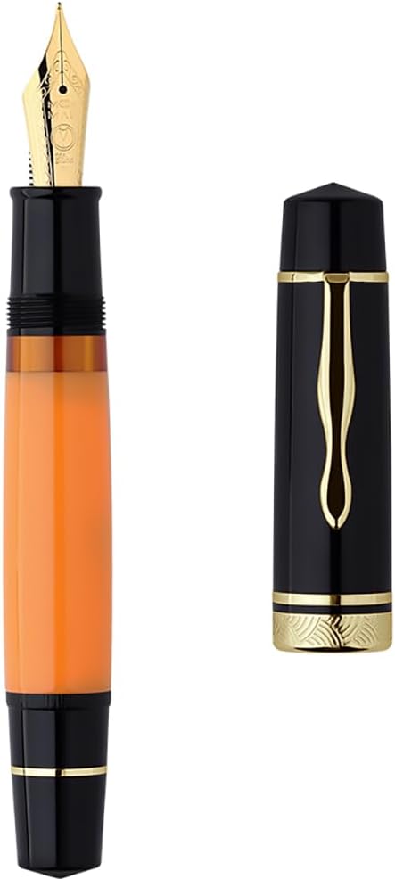 erofa Majohn P139 Piston Resin Fountain Pen Medium Nib with Box, Brass Piston System Large Capacity Writing Pen, Black Yellow