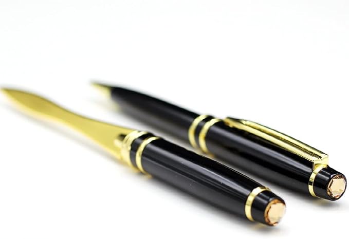 Custom Engraved Executive Pen Gift Set – Personalized Brass Ballpoint Pen with Matching Paper Tool – Elegant Gift Box (Black)