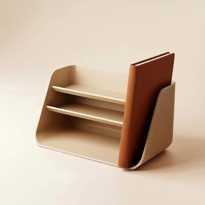 Modern Desk Organizer with 3 Compartments, Beige Plastic Storage Caddy for Office Supplies, Pen Holder & Notebook Organizer for Home Office Desk, Minimalist Desktop Organizer
