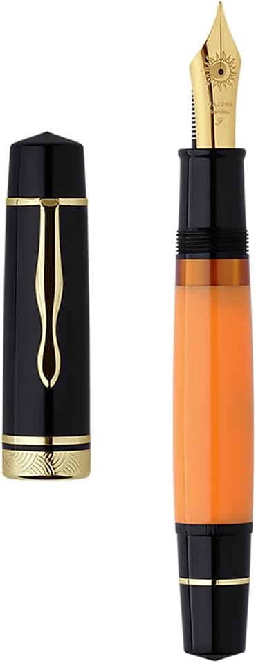 erofa Majohn P139 NO.8 Fine Nib Piston Fountain Pen with Box, Brass Piston System Large Capacity Writing Pen, Black Yellow