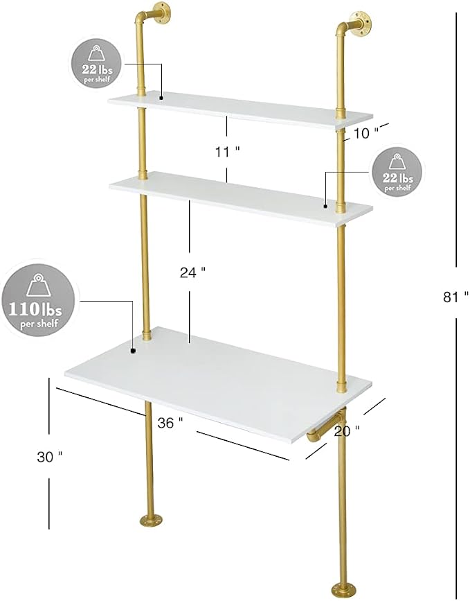 White and Gold Desk, 36" Ladder Desk, Wall Mount Computer Writing Table Pipe Shelf Shelving Mini Narrow Industrial Modern for Small Spaces(36x20x81)