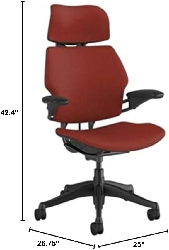 Humanscale Freedom Office Chair with Headrest - Ergonomic Work Chair with Standard Height Adjustable Duron Arms - Wheels for Hard Flooring - Graphite Frame with Parma Red Corde 4 Fabric