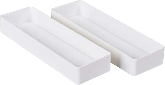 Teling 2 Pcs White Plastic Desk Organizer Tray Shallow Drawer Pencil Tray Tabletop Organizer for Office, Home, or Study 9.45x2.95x1.38 Inch