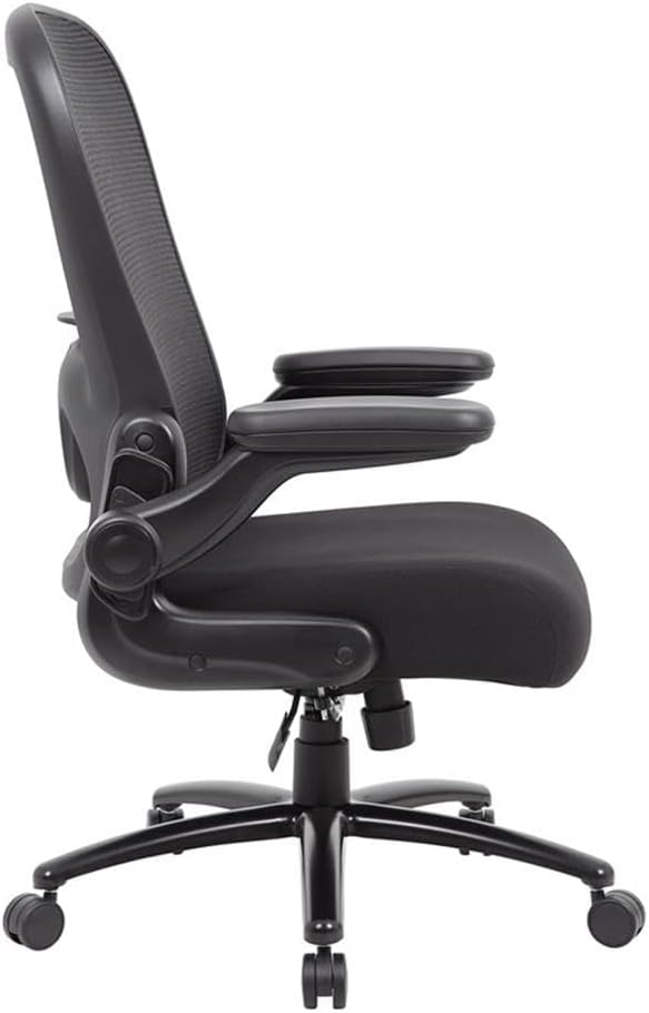 Pemberly Row Heavy Duty Flip Arm Mesh Task Chair, 400 lbs Weight Capacity, Black Upholstered Seat, Adjustable Tilt and Lumbar Support, Steel Base with Casters, Ergonomic Office Chair 30.5"W X 30"D X