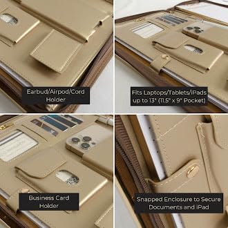 BLU MONACO | Brown Vegan Leather Padfolio | Zippered Work Organizer Binder with Gold Trim | Professional Document Case 8.5 x 11 for Women