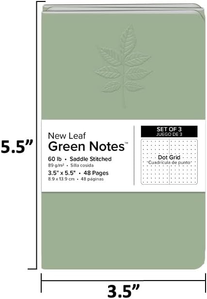 New Leaf Green Notes™ Memo Books, Sustainably Designed, 100% Recycled Paper, Ash Embossed Cover, Dotted Grid Pages, 3.5" x 5.5", 3 Books Per Pack