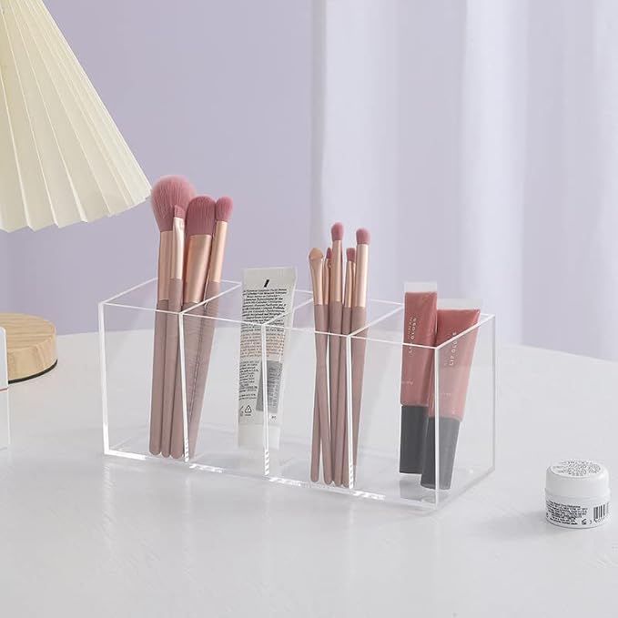 HSYMQ Acrylic Pen Holder 4 Compartments Clear Pencil Holder Organizer Makeup Brush Holder