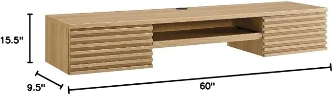 Pemberly Row Wall Mount Office Desk, 60 in Particleboard and Wood, Oak Finish, Mid-Century Modern Style with Keyboard Tray and Storage Drawers, Durable Design for Home Office or Dorm Room Use