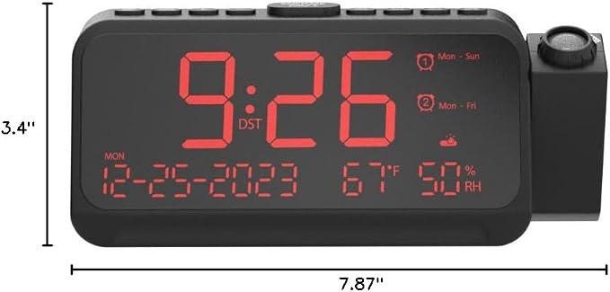 Mesqool Projection Alarm Clock Ceiling Display, with Temperature, Humidity | Dual Alarms, 5-Level Dimmer, Date, Night Light, Weekday/Weekend Mode, 12/24H, DST, , Snooze, 180° Rotatable, for Bedroom