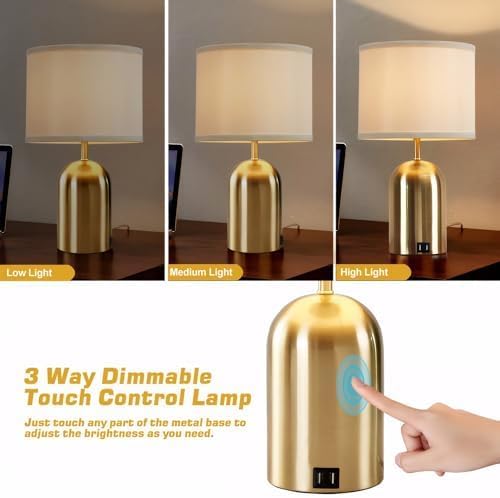 GyroVu Bedside Lamp with USB Port, Touch Control Table Lamp for Bedroom, Dimmable Modern Nightstand Lamp with Fabric Shade Gold Base for Living Room, Dorm, Home Office, LED Bulb Included