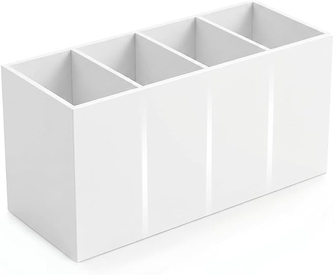 4 Compartment White Acrylic Pen Holder for Desk, Large Desktop Organizer & Pencil Cup, Makeup Brush Holder for Countertop, Multi-functional Pen Pencil Brushes Holders Caddy (Opaque White)