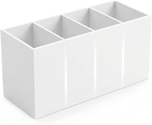 4 Compartment White Acrylic Pen Holder for Desk, Large Desktop Organizer & Pencil Cup, Makeup Brush Holder for Countertop, Multi-functional Pen Pencil Brushes Holders Caddy (Opaque White)