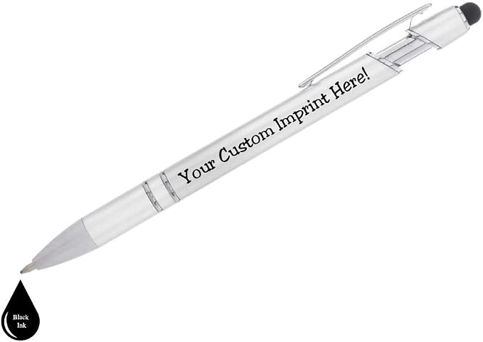 ExpressDesigns™ - Personalized Pens with Stylus - The Legacy - Custom Metallic Printed Name Pens - Black Ink - Imprinted with Logo or Message - Great Gift Ideas - Customizable -12 pcs/pack (Silver)