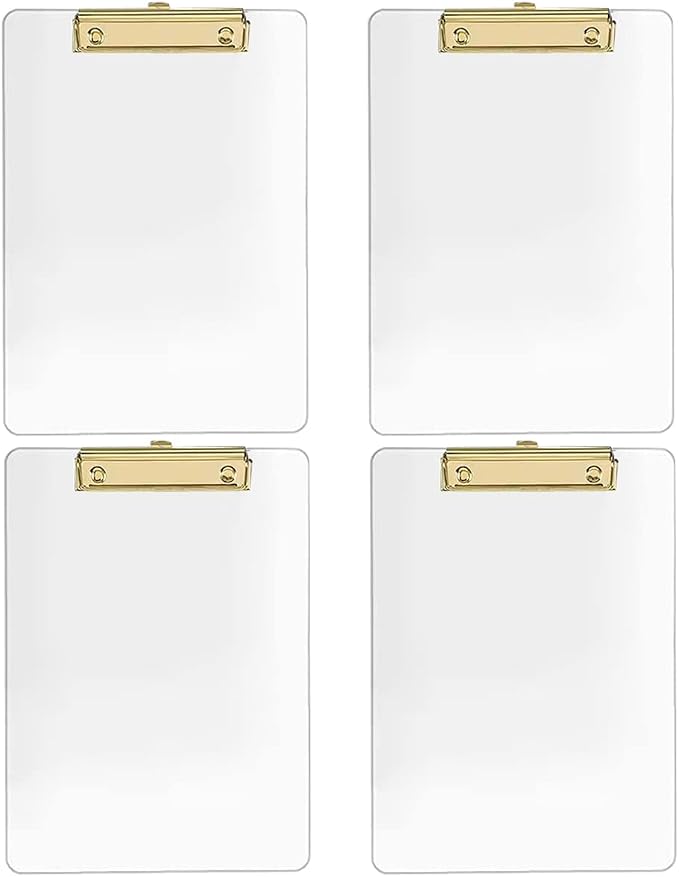 JIARI 4 Pack Clear Acrylic Office Clipboard A4 Letter Size 8.6" x 12.2" | (Gold 4 Pack)