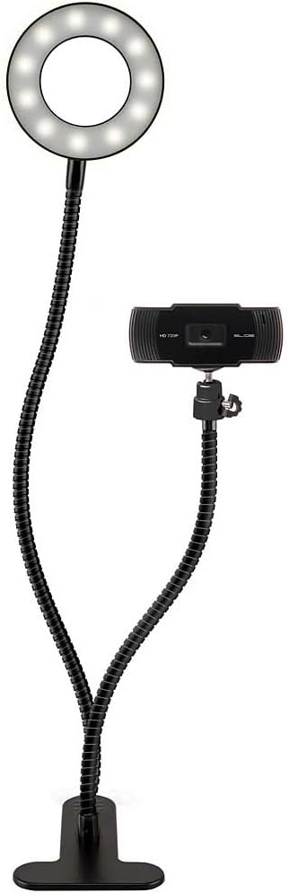 Slide 720P HD Webcam with Portable Ring Light and Clamp-on Stand, Streaming Camera with Mic, 30 FPS, 30 Light Modes, 2 Flexible Arms, Secure Clamp, Includes Sliding Lens Cover and USB Cable