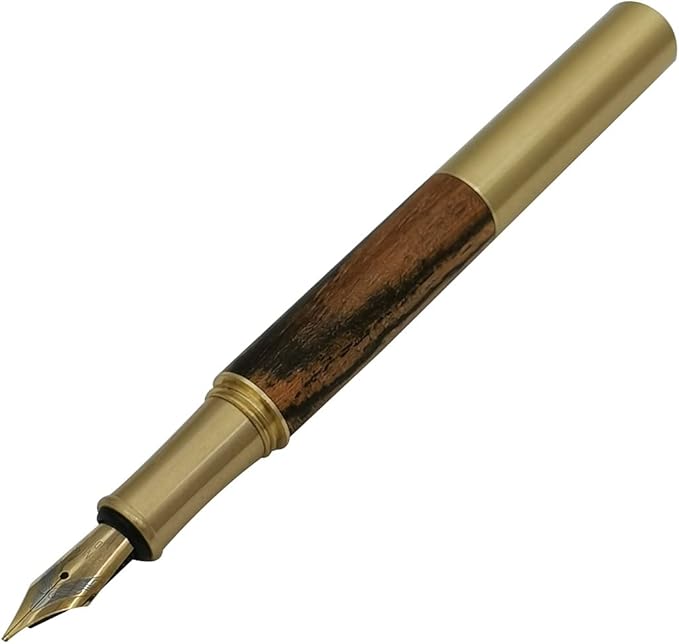 Handcrafted Brass Wooden Fountain Pen Short Paragraph (85mm) Pocket Mini Travel Pen with 20 Pcs Black Ink Cartridges, Brownish Black Stripes