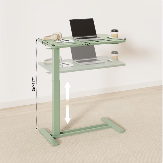 FLEXISPOT H7 Adjustable Overbed Bedside Table with Wheels Pneumatic Mobile Standing Laptop Desk Rolling Computer Cart Movable Overbed Table Hospital Home Use (27.6" W x 15.7" D,Mint Green)