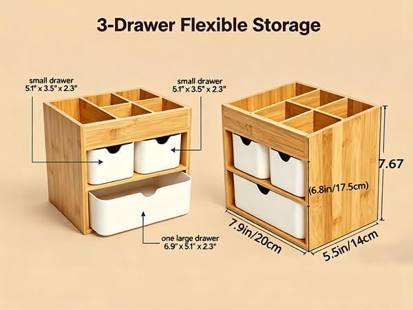 Small Bamboo Makeup Organizer with 3 Drawers | Wood Makeup Organizer, Dresser Cosmetic Box Organizer, For Home, Adjustable Dividers