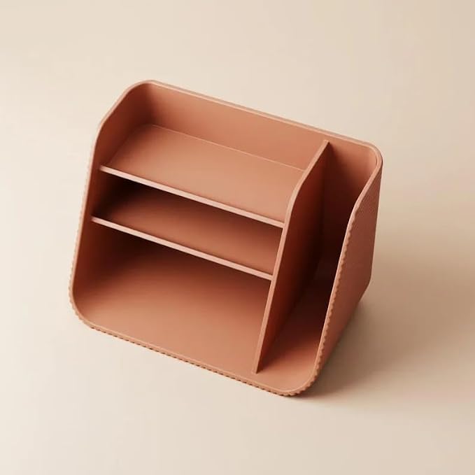 Modern Desk Organizer with 3 Compartments, Beige Plastic Storage Caddy for Office Supplies, Pen Holder & Notebook Organizer for Home Office Desk, Minimalist Desktop Organizer