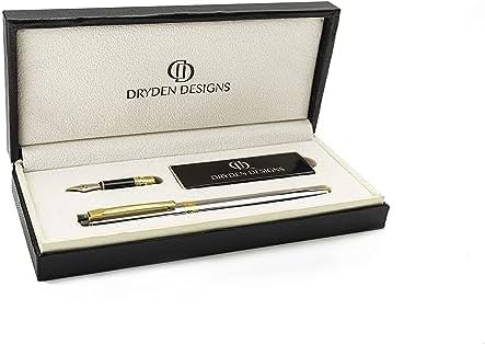 Dryden Designs Fountain Pen - Medium Nib and Fine Nib | Includes Luxury Box, 6 Ink Cartridges - 3 Black 3 Blue and Ink Refill Converter - Pearl White