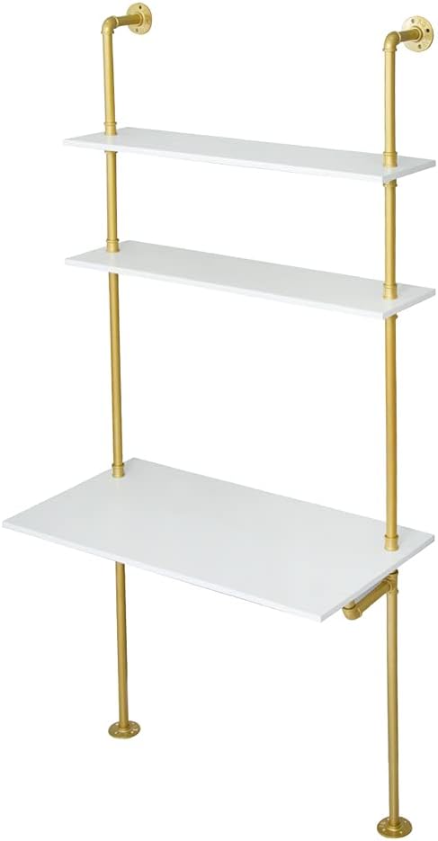 White and Gold Desk, 36" Ladder Desk, Wall Mount Computer Writing Table Pipe Shelf Shelving Mini Narrow Industrial Modern for Small Spaces(36x20x81)