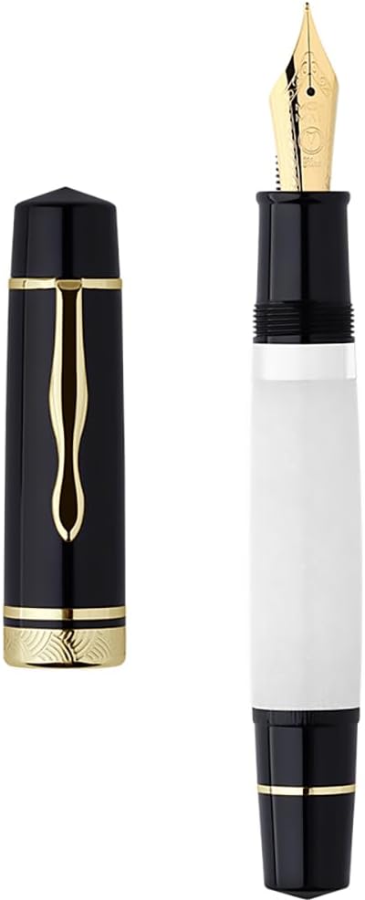 erofa Majohn P139 Piston Resin Fountain Pen Medium Nib with Box, Brass Piston System Large Capacity Writing Pen, Black White