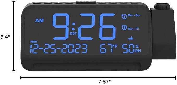 Mesqool Projection Alarm Clock Ceiling Display, with Temperature, Humidity | Dual Alarms, 5-Level Dimmer, Date, Night Light, Weekday/Weekend Mode, 12/24H, DST, , Snooze, 180° Rotatable, for Bedroom