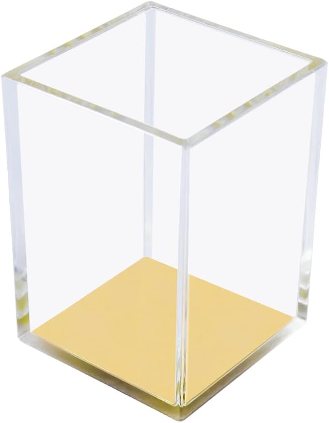 MEI YI TIAN Clear Acrylic Pencil Pen Holder Cup with Yellow Gold Bottom, Desk Accessories Makeup Brush Holders Modern Design Desktop Organizer for Countertop Desk Accessory Storage