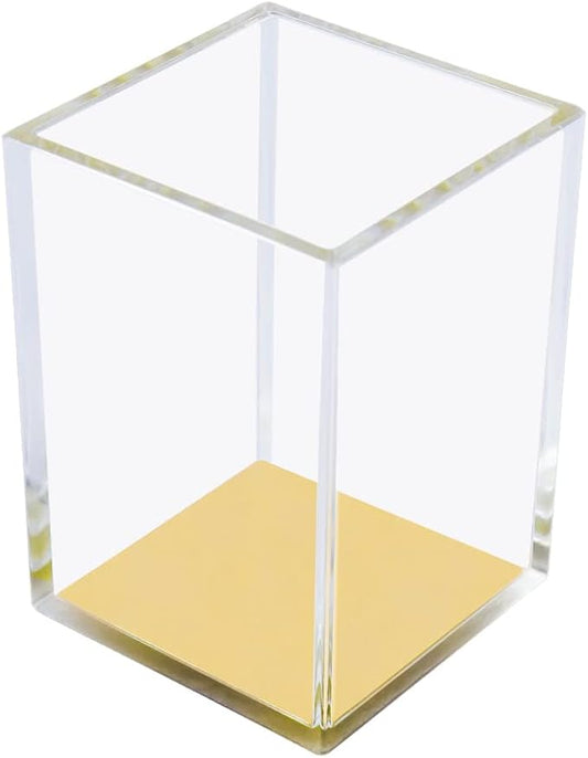 MEI YI TIAN Clear Acrylic Pencil Pen Holder Cup with Yellow Gold Bottom, Desk Accessories Makeup Brush Holders Modern Design Desktop Organizer for Countertop Desk Accessory Storage
