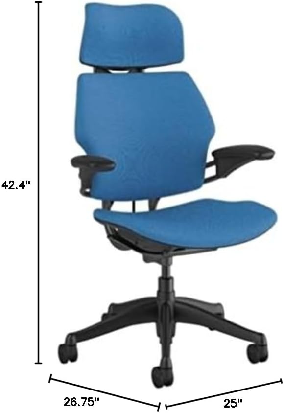 Humanscale Freedom Office Chair with Headrest - Ergonomic Work Chair with Standard Height Adjustable Duron Arms - Wheels for Hard Flooring - Graphite Frame with Azure Corde 4 Fabric