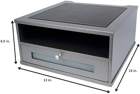 Victor Monitor Riser with Drawer and Storage Shelf - Wood Monitor Stand Desk Organizer with Faux Leather Top, Organize Office Supplies, 13 x 13 x 6.5-Inches, Classic Silver