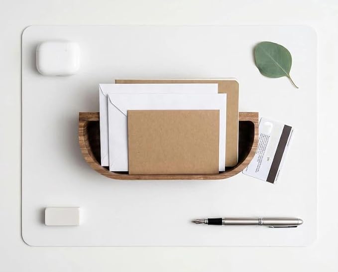 Natural Walnut Wood Desk Caddy, Minimalist Open Storage Organizer Tray for Business Cards Pens Small Office Desktop Accessories, Mid-Century Tabletop Wooden Catchall Holder for Home Office Workspace