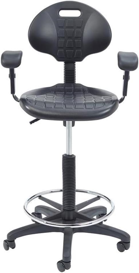 Pemberly Row Modern Polyurethane Task Chair with Arms, Adjustable 22-32 in Height, Black Finish, Heavy Duty Steel Frame, Waterfall Seat, Ribbed Design, Home Office or Industrial Desk Chair