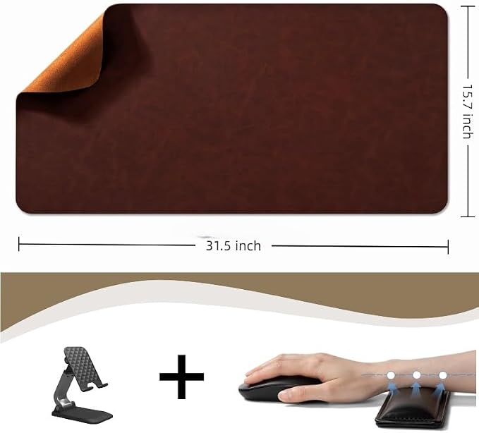 Leather Desk pad for Computer and laptops, Ideal for Gaming and Office use, Large Mouse pad and Keyboard mat,Desk mat Special for man. A complimentary Wrist pad and Phone Stand (Brown, 31.5"*15.7")