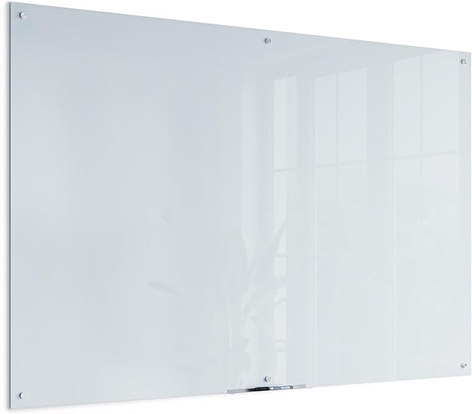 U Brands Magnetic Glass Dry Erase Board, Office Supplies, White, with Eraser, Markers, Magnet, 18” Tray, 5mm, 48” x 72”