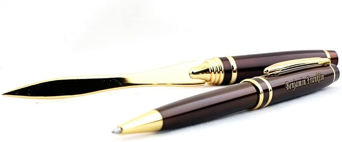 Custom Engraved Executive Pen Gift Set – Personalized Brass Ballpoint Pen with Matching Paper Tool – Elegant Gift Box (Brown)