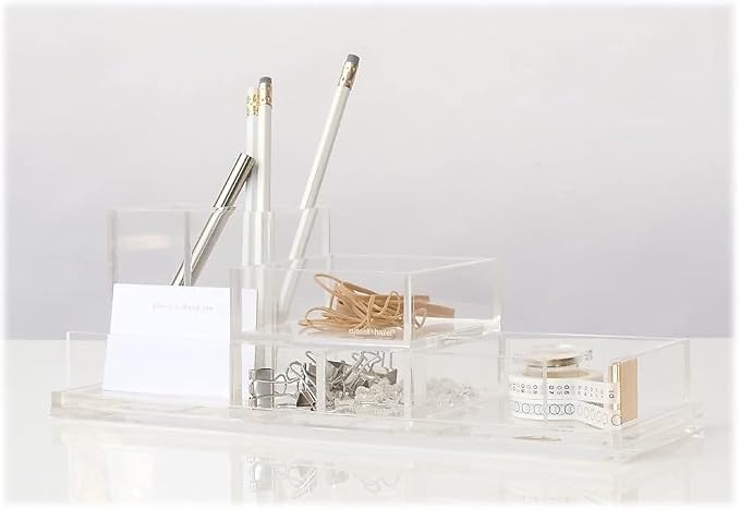 russell+hazel Acrylic Pencil Bloc | Stands pens & pencils upright with a built-in business card slot. Stackable clear acrylic that modernizes any desk.