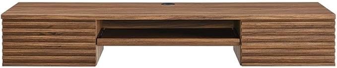 Pemberly Row Wall Mount Office Desk, 60 in Wide Particleboard and Wood, Walnut Finish, Pull-Out Keyboard Tray, Cable Management, Full-Extension Glide Drawers, Mid-Century Style for Home Office or