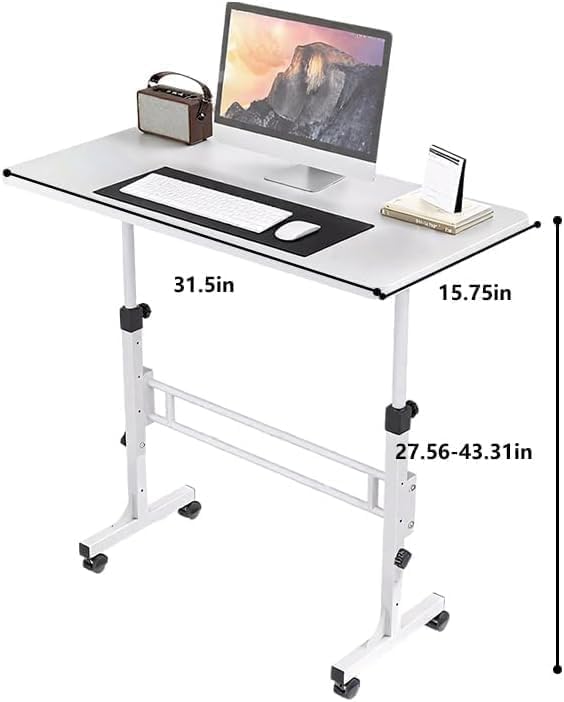 Portable Standing Desk, Adjustable Height 27.5"-43.3", Small Rolling Desk with Lockable Wheels, Foldable Computer Desk for Home Office, Space-Saving Laptop Table, White